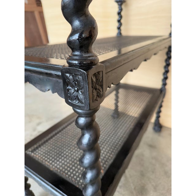 Mid 20th Century Spanish Wooden Magazine Rack with Marquetry or Etagere with cane shelves For Sale - Image 14 of 18