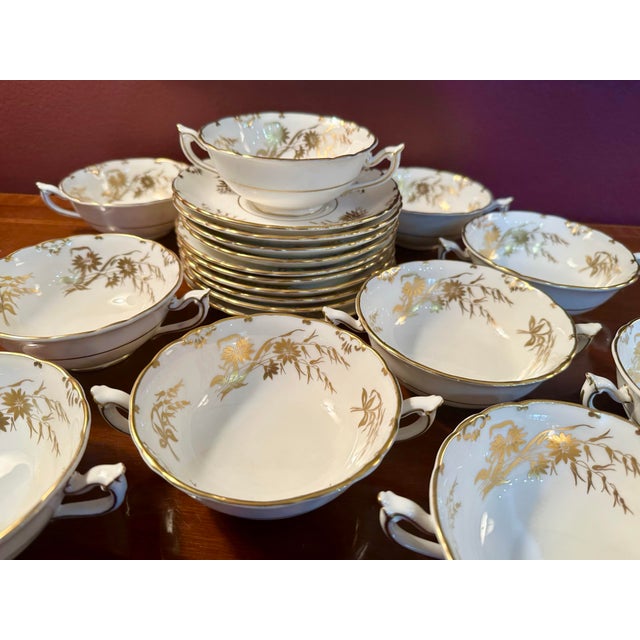 Ceramic 1960s Royal Crown Derby “Marquis” Pattern A1222 Bone China Cream Soup Bowls & Underplates, Set of 10 For Sale - Image 7 of 12