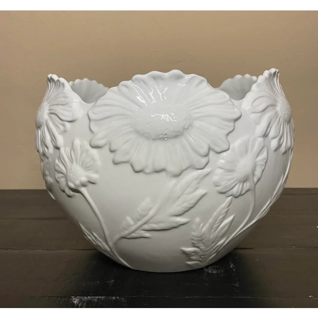 Late 20th Century White Ceramic Petal Edge Raised Floral Large Bowl Cachepot Made in Portugal For Sale - Image 9 of 12