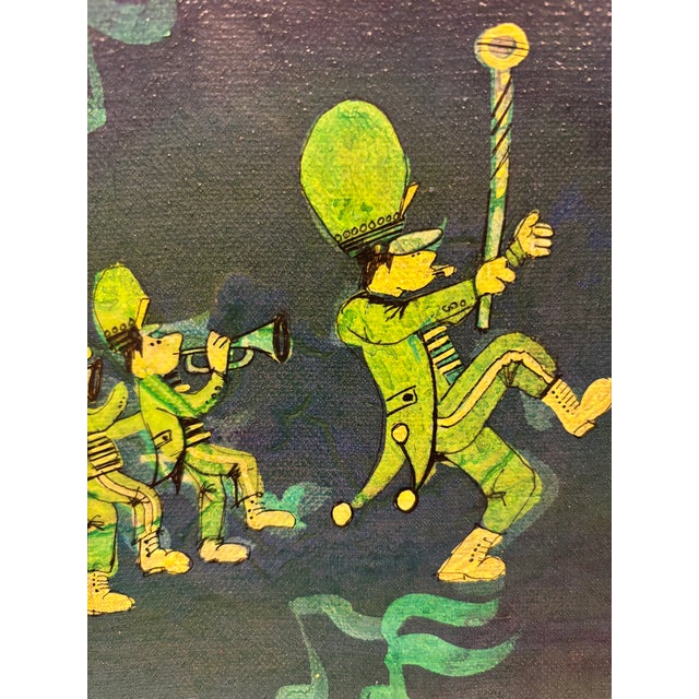 Pair of Vintage Post Modern Signed 1972 Whimsical Folk Paintings on Stretched Canvas – Fire Truck & Marching Band (Pair For Sale - Image 13 of 18