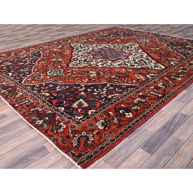 Textile 1950 8'7"x11'2" Turkey Red Wool Vintage Persian Bakhtiari Hand Knotted Oriental Rug For Sale - Image 7 of 12
