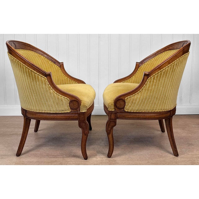 French Vintage Neoclassical Gold Stripped Mahogany Barrel Club Chairs - A Pair For Sale - Image 3 of 11