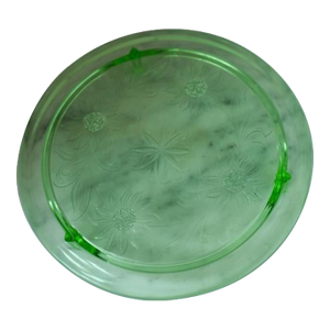 1950s Jeanette Daisy Pattern 10" Green Uranium Glass Low Cake Stand Floral Pattern