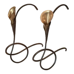 Brutalitst Mid Century Calla Lily Signed Jack Brubaker Artist Candleholders Pair