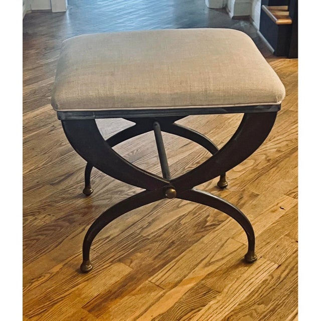 French Restoration Hardware French Upholstered Iron Stool For Sale - Image 3 of 3