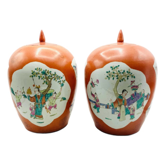 Pair of Chinese Hand Painted Jars For Sale