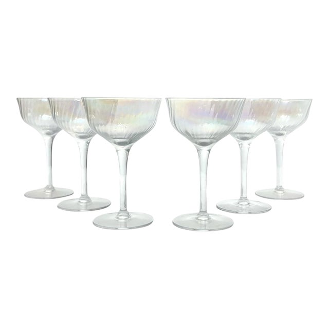 1960s Vintage Mid-Century Lustre Iridescent Pearl Optic Set of 6 Cordial Wine Glasses For Sale