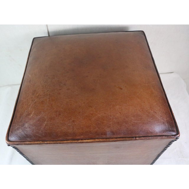 French Mid 20th Century French Leather Club Pouf For Sale - Image 3 of 8