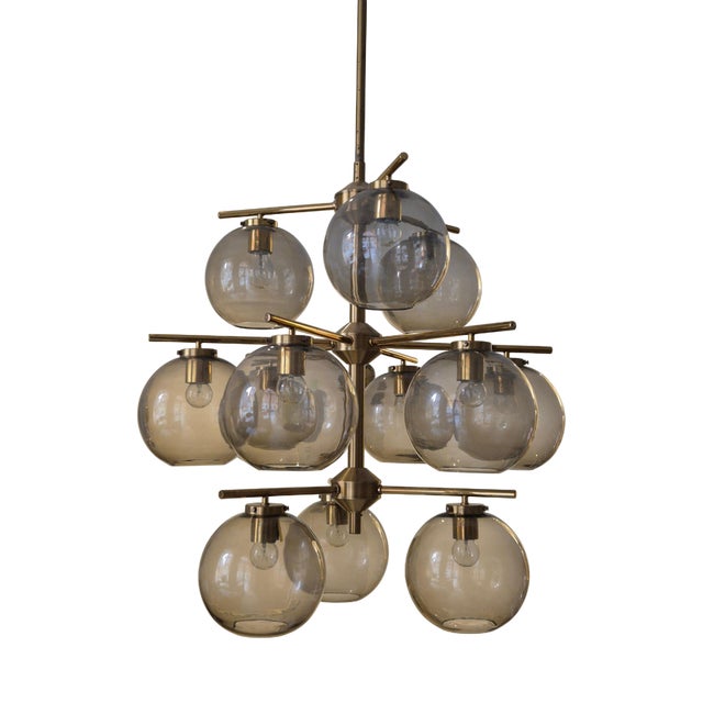 Scandinavian Modern Chandelier in Brass and Grey Glass by Holger Johansson, 1970s For Sale