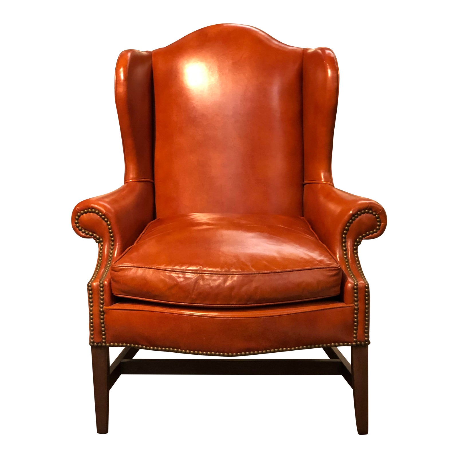 Vintage Style Orange Leather Arm Chair With Brass Tacks