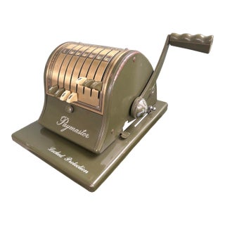 Vintage Paymaster Check Writer & Protector Machine, Industrial Olive Green Metal, Mid-Century Office Decor For Sale