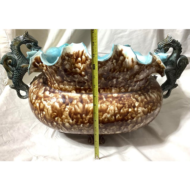 Blue Antique French Barbotine Majolica Rose Basket Centerpiece Planter For Sale - Image 8 of 12