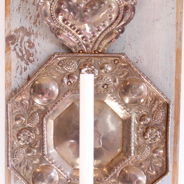 Antique Candle Sconces, Dutch Repoussée Brass and Copper Mounted on Painted Backboards - A Pair For Sale - Image 6 of 11