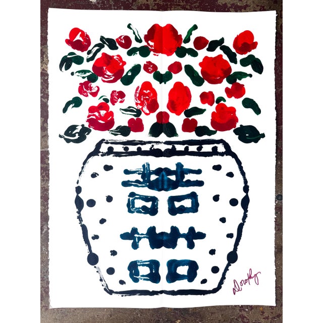 Contemporary “Ruby” Contemporary Rorschach Double Happiness Ginger Jar Floral Still Life Mixed-Media Painting on Paper by Dorothy Art For Sale - Image 3 of 5