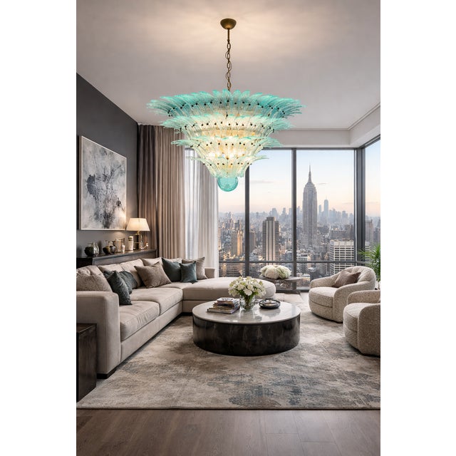 2020s Late 20th Century Murano Glass Palmette Chandelier - 160 Turquoise Glasses, Four-Tier, Gold Frame For Sale - Image 5 of 5