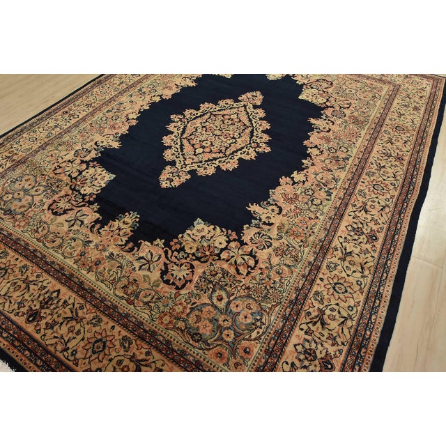 Farmhouse Sarouk Rug 9′ X 11’9” Blue Wool Semi-Antique Traditional Hand-Knotted Carpet For Sale - Image 3 of 15