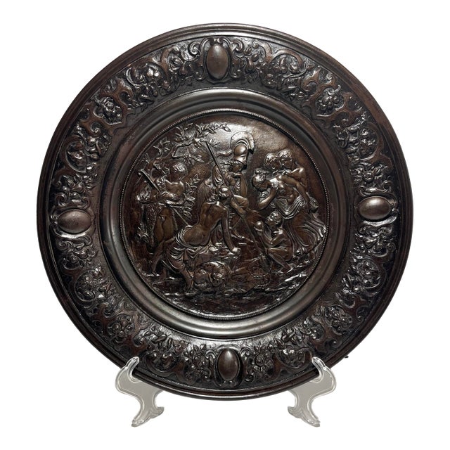 Antique French Solid Bronze Large Heavy High Relief "Judgment of Paris" Plate 13" For Sale