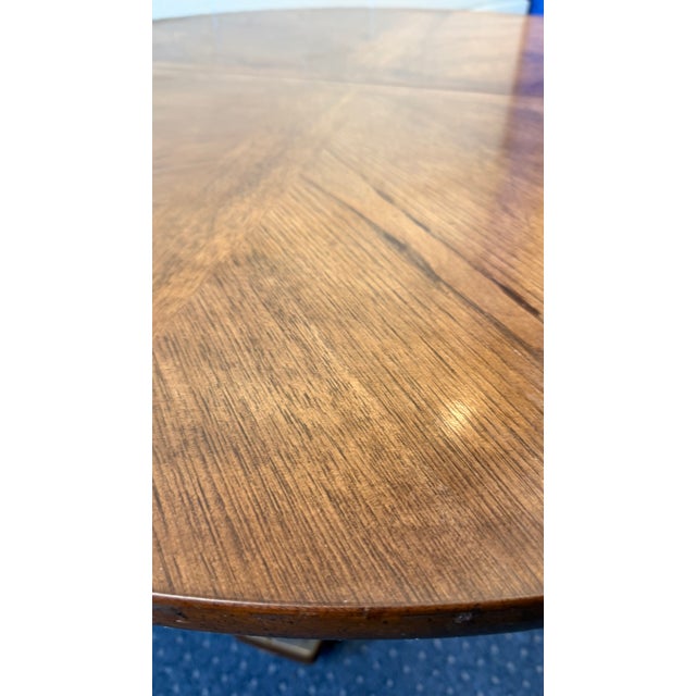 Wood 1970s Henredon 44” Round Game Table With Starburst Oak Top & Brass Mounted Base For Sale - Image 7 of 13