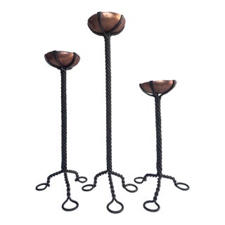 Vintage Brutalist Copper Cup Twisted Iron Metal Candlesticks, Set of Three For Sale