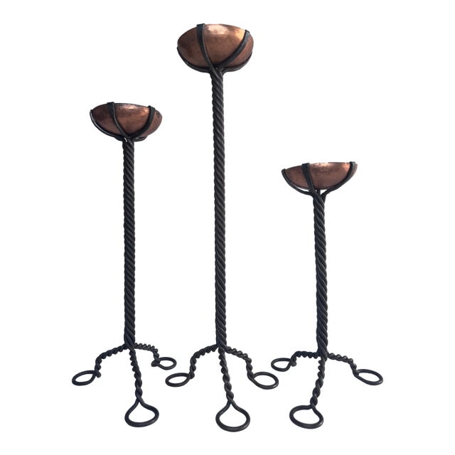 Vintage Brutalist Copper Cup Twisted Iron Metal Candlesticks, Set of Three For Sale