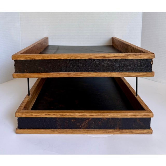 1960s 1960s Mid-Century Modern Oak & Black Leatherette Two-Tier Desk Organizer / Letter Tray For Sale - Image 5 of 12