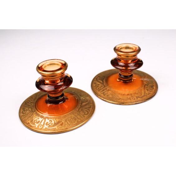Fostoria Glass Company Vintage 1930s Fostoria Amber Glass and Gold Candle Holders- Set of 2 For Sale - Image 4 of 9