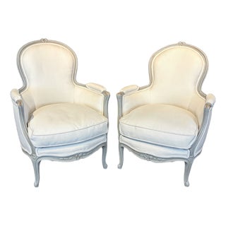 Antique French Louis XV Painted Bergère Armchairs With New Upholstery -a Pair For Sale