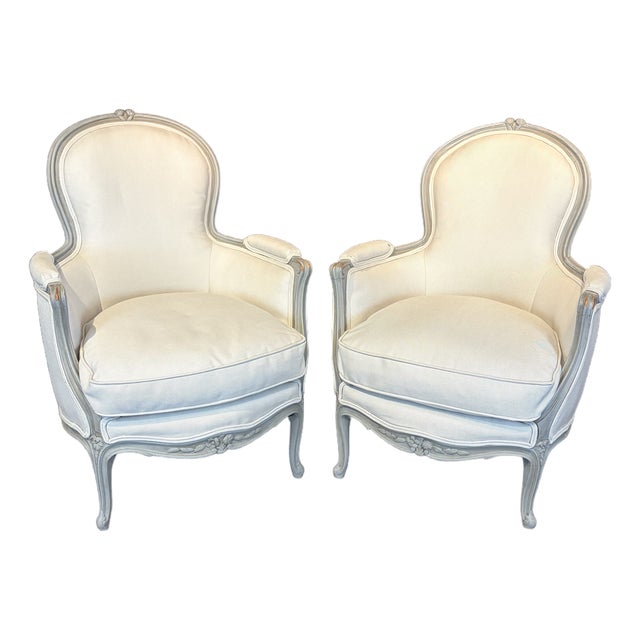 Antique French Louis XV Painted Bergère Armchairs With New Upholstery -a Pair For Sale
