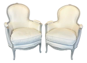 Antique French Louis XV Painted Bergère Armchairs With New Upholstery -a Pair