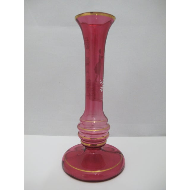Mid 20th Century Mary Gregory Czech Red Glass Painted Enamel Boy With Bird Skinny Bud Vase For Sale - Image 5 of 10
