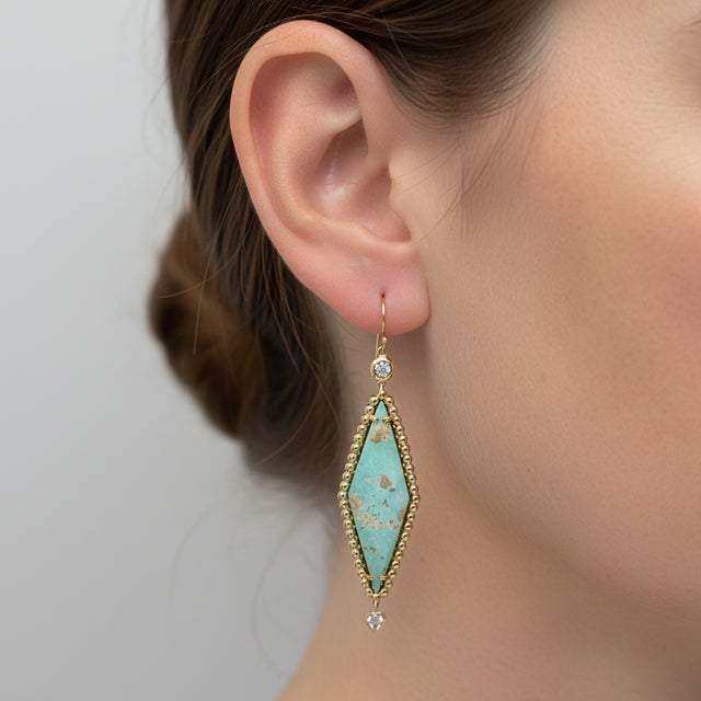 14k Gold Turquoise and Rose Cut Diamond Dangle Earrings, Pair For Sale - Image 9 of 9