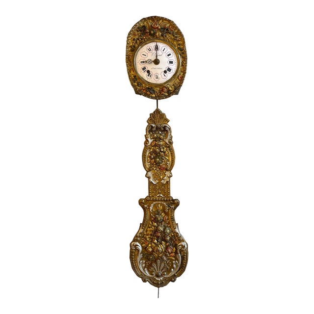 French Morbier Repousse Brass and Porcelain Wall Clock For Sale
