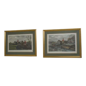 Pair Vintage 1880s English Hunt Scene Engravings