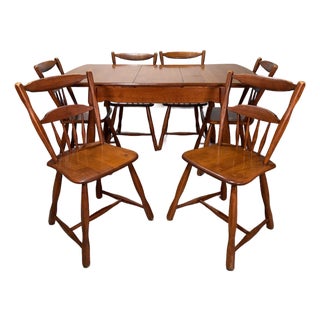 Vintage Brutalist Colonial Maple Dining Set, Table and 6 Chairs For Sale