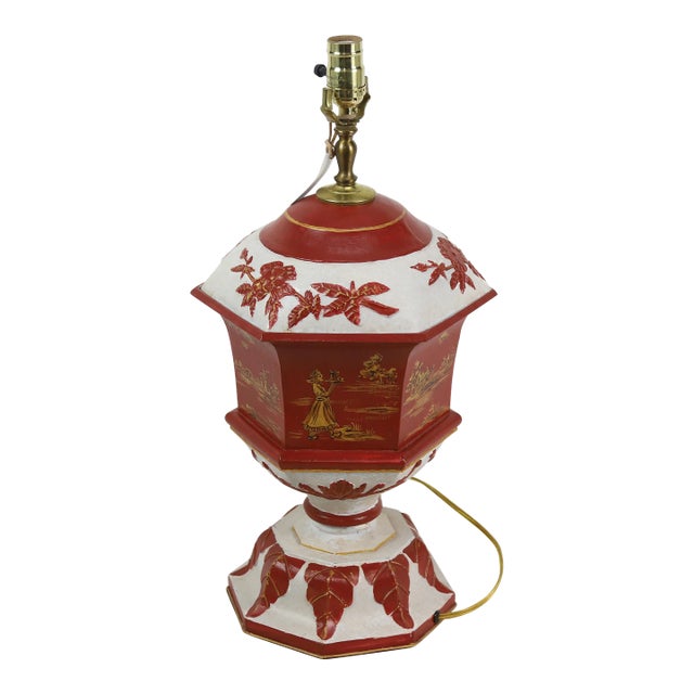 Rust Red Hexagon Tole Urn Lamp，retro Table Lamp For Sale