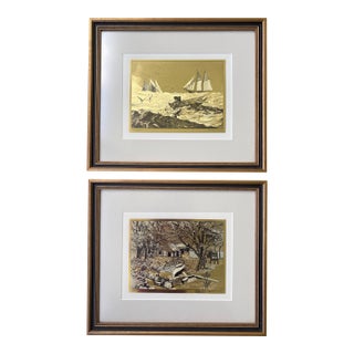 Pair of Framed Lionel Barrymore Gold-Etch Prints “Nantucket” & “Shoreside Farm” For Sale