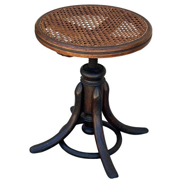 Late 19th Century Victorian Vienna Bent Oak & Cane Low Piano Stool Attributed to Thonet No. 01 For Sale - Image 4 of 9