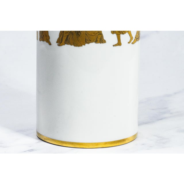 Nice Cylinder Antique Neoclassical Porcelain Gold White Vase Gerold Porzellan Bavaria West Germany For Sale - Image 4 of 13