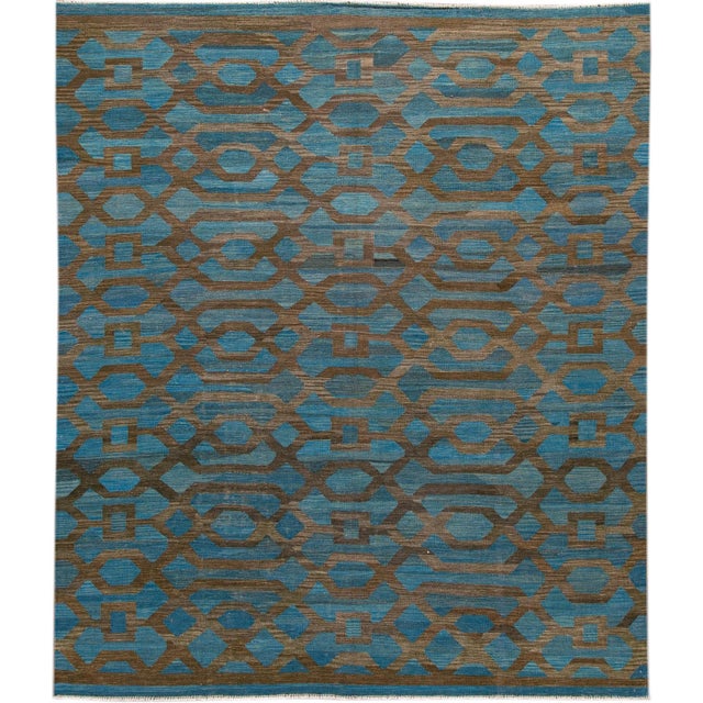 Modern Geometric Kilim Handmade Room Size Blue Wool Rug For Sale - Image 11 of 11
