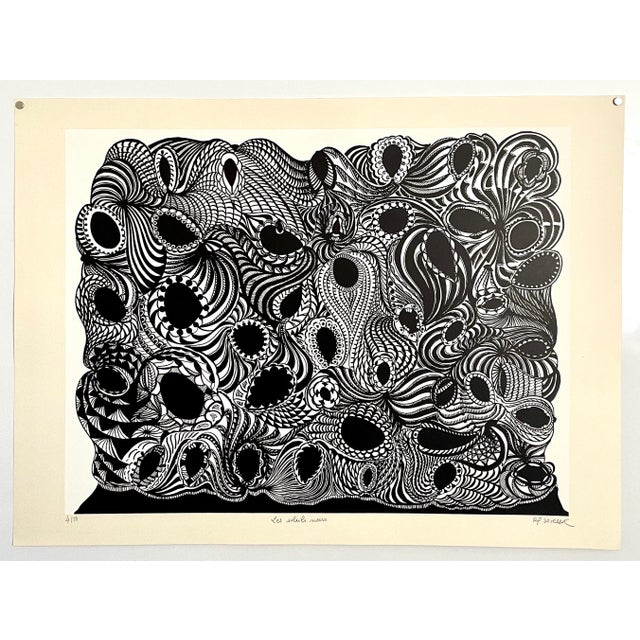 Philippe Dereux, Large 1960s French Art Brut Lithograph Bold Black & White Op Art Philippe Dereux, 1967 For Sale In Miami - Image 6 of 6
