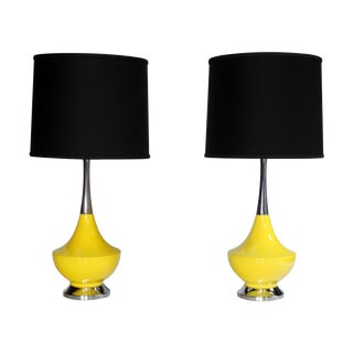 Yellow Ceramic and Chrome Genie Lamps - A Pair For Sale