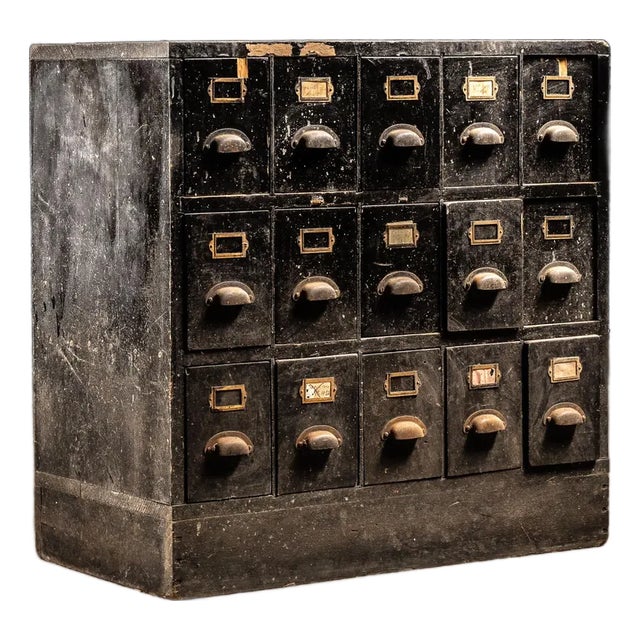 1930s Vintage Industrial 15 Drawer Parts Cabinet in Black For Sale