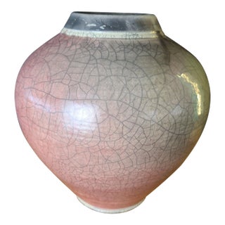 Large Signed Native American Style 2 Tone Crackle Glaze Hand Thrown Raku Pottery Vase For Sale
