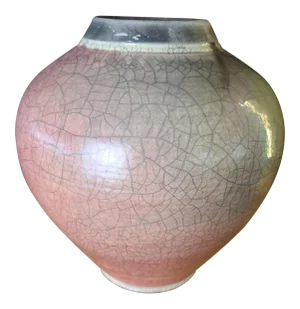 Large Signed Native American Style 2 Tone Crackle Glaze Hand Thrown Raku Pottery Vase