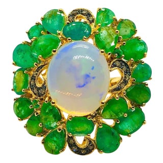 Bochic “Orient” Vintage Natural Opal & Emerald Ring Set In 18K & Silver For Sale
