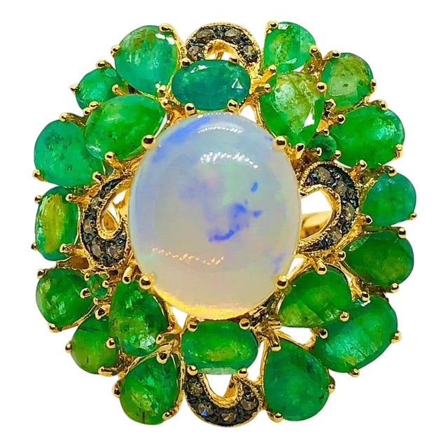 Bochic “Orient” Vintage Natural Opal & Emerald Ring Set In 18K & Silver For Sale