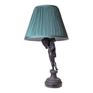 1940s Art Nouveau Black Figural Table Lamp With Green Pleated Empire Shade For Sale