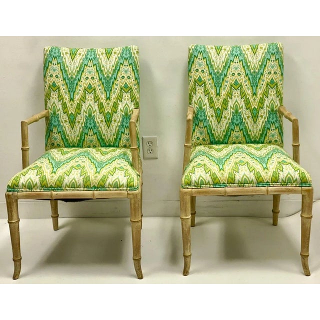 Regency Style Cerused Pine Faux Bamboo Bergere Chairs in Chevron - Pair For Sale - Image 4 of 8