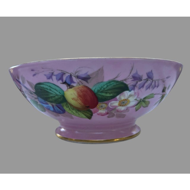 Ceramic Antique Old Paris Porcelain 14.5” Punch Bowl Hand Painted Fruit Flowers Pink Gold For Sale - Image 7 of 12