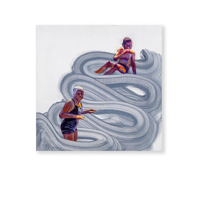 In Popsicle, David King evokes a sun-filled, nostalgic summer scene framed by swirling currents of slate-grey paint. Two...